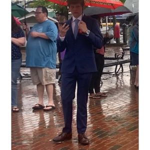 Gorgeous blue Tommy Hilfiger suit. Unaltered. Pants 32W x 30L. Jacket 38S